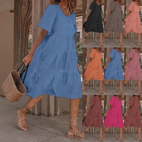 Women Summer U-Neck Cotton Linen Printed Tiered Dress Short Sleeve Casual Large Swing Smocked Mini Midi Sundress Dress