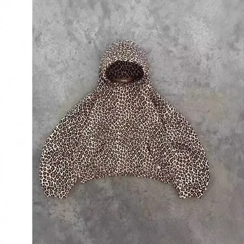 Set Felpa con Cappuccio Stampa Leopardata Vintage Americano per Donna Uomo Y2K Street Hip-Hop Poliestere Pullover Manica Lunga Top E Pantaloni