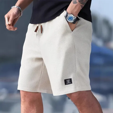 Herren Casual Waffelstrick Shorts Baumwolle Polyester Mischung Lockere Passform Kordelzug Sommer Sport Unterteil Übergröße Mode