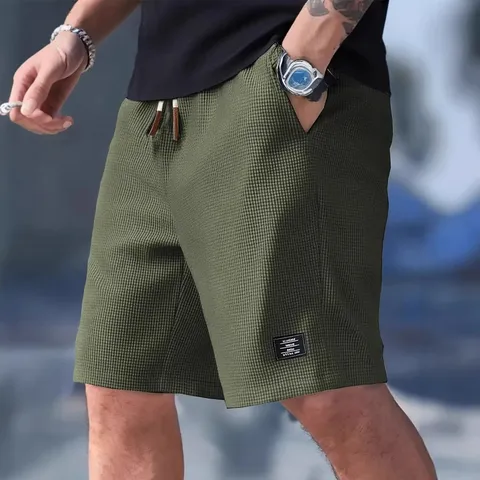 Herren Casual Waffelstrick Shorts Baumwolle Polyester Mischung Lockere Passform Kordelzug Sommer Sport Unterteil Übergröße Mode