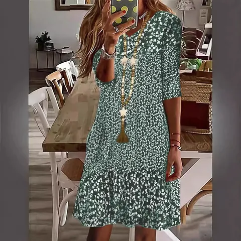 Women Elegant Polyester Floral Print Midi Dress V-Neck Three-Quarter Sleeve Ruffle Hem A-Line Dress Casual Holiday Daily Party Robe