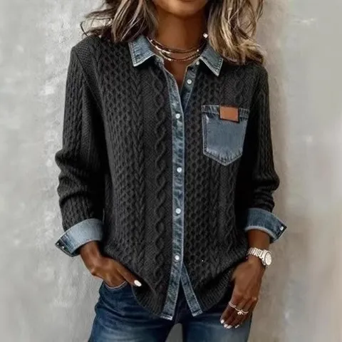 Women Knit Denim Patchwork Shirt Jacket Long Sleeve Color Block Button Down Lapel Outerwear Casual Winter Fall Top