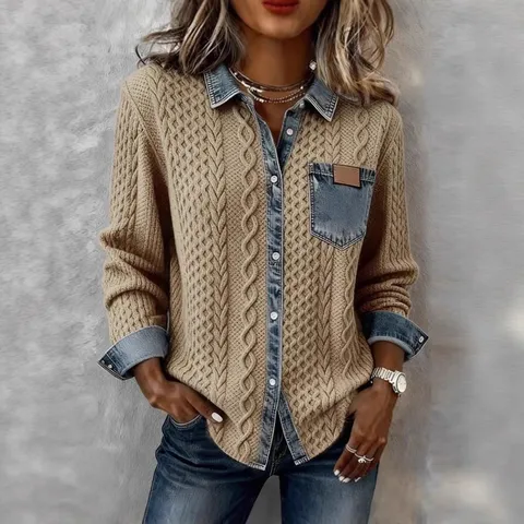 Women Knit Denim Patchwork Shirt Jacket Long Sleeve Color Block Button Down Lapel Outerwear Casual Winter Fall Top