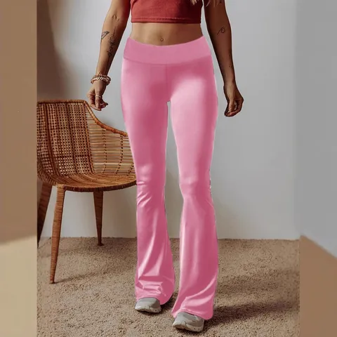 Damen High Waist Schlaghose Polyester Elasthan Slim Fit Einfarbig Bell Bottom Yoga Hose Lässige Mode Hose