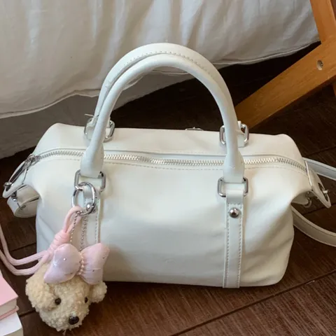 Women Fashion PU Leather Boston Bag Sweet Pillow Bag With Cute Bear Pendant Casual Crossbody Shoulder Commuter Handbag