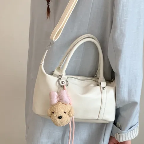 Women Fashion PU Leather Boston Bag Sweet Pillow Bag With Cute Bear Pendant Casual Crossbody Shoulder Commuter Handbag