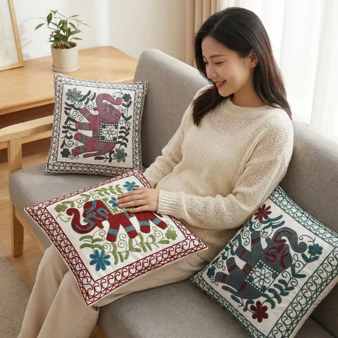 Housse de Coussin Décorative en Coton Brodé Éléphant Style Thaïlandais d'Asie du Sud-Est pour Salon de Chambre