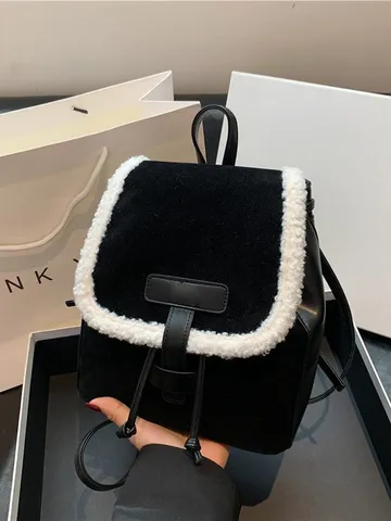 Women's Vintage Faux Fur Plush Backpack Casual PU Leather Contrast Color School Bookbag Cute Rucksack Daypack
