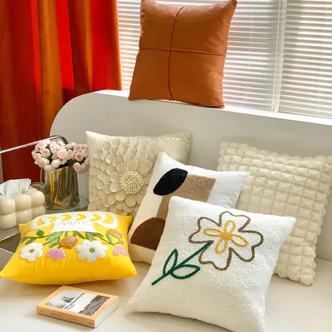 Coussin de Canapé Brodé de Style Crème Moderne Minimaliste Floral Salon Chevet Housse de Oreiller Décoratif
