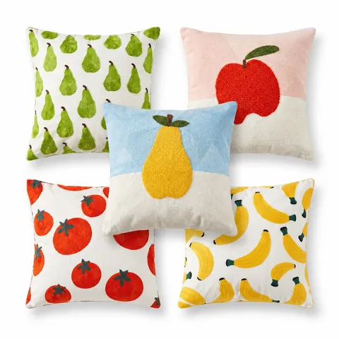 Housse de Coussin de Canapé en Toile et Taie d'Oreiller Brodée de Fruits Nordique Minimaliste Mignonne Poire Pomme Décoration de Maison