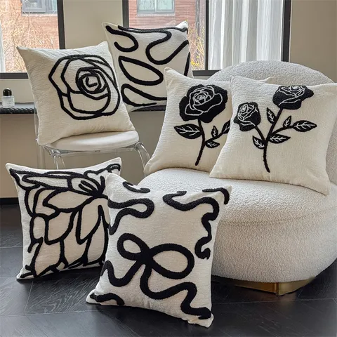 Housse de Coussin Décorative Rose Brodée en Chenille Moderne Minimaliste Taie de Coussin pour Sofa Salon Chambre Décoration Intérieure