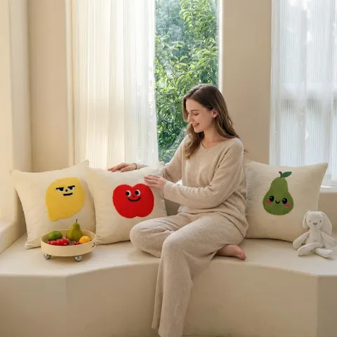 Housse de Coussin de Canapé en Chenille Broderie Fruit Cartoon Mignon Pomme Citron Poire Nuage Décoration de Maison
