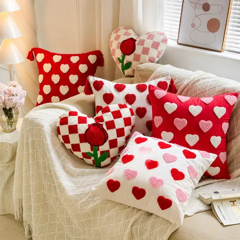 Housse de Coussin Cœur de Saint-Valentin Rouge Blanc Brodé Amour Taie de Coussin Décoratif Moderne Minimaliste