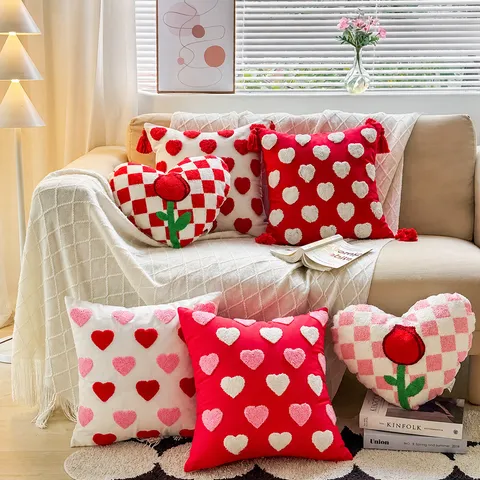 Housse de Coussin Cœur de Saint-Valentin Rouge Blanc Brodé Amour Taie de Coussin Décoratif Moderne Minimaliste