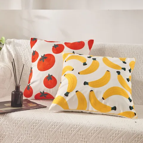 Housse de Coussin de Canapé en Toile et Taie d'Oreiller Brodée de Fruits Nordique Minimaliste Mignonne Poire Pomme Décoration de Maison