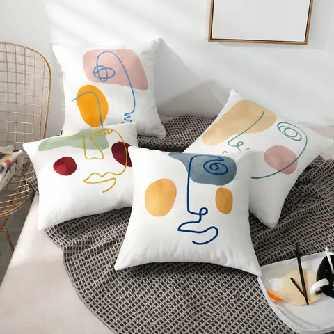 Moderne Minimaliste Visage Abstrait et Broderie d'Animaux Housse de Coussin Décorative en Coton pour Canapé Salon Maison