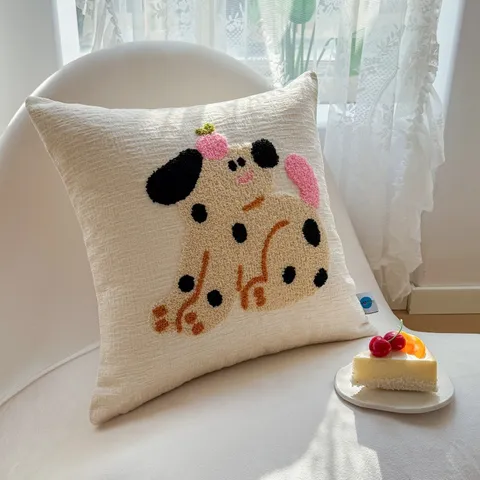 Housse de Coussin Décorative en Chenille Brodée d'Animaux de Dessin Animé Design Mignon pour Canapé Salon Bureau Décoration de Maison
