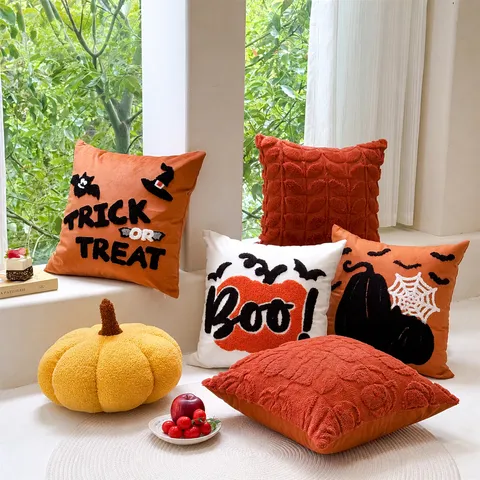 Housse de Coussin Décorative en Velours PV Brodé Citrouille Fantôme d'Halloween pour Canapé Maison