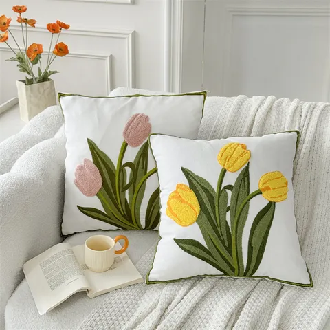 Housse de Coussin Brodée de Fleurs Style Nordique Housse de Coussin Décorative en Coton pour Salon Sofa Chambre Décoration