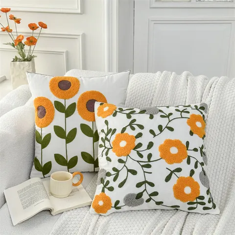 Housse de Coussin Brodée de Fleurs Style Nordique Housse de Coussin Décorative en Coton pour Salon Sofa Chambre Décoration