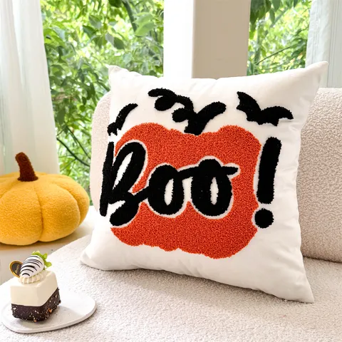 Housse de Coussin Décorative en Velours PV Brodé Citrouille Fantôme d'Halloween pour Canapé Maison