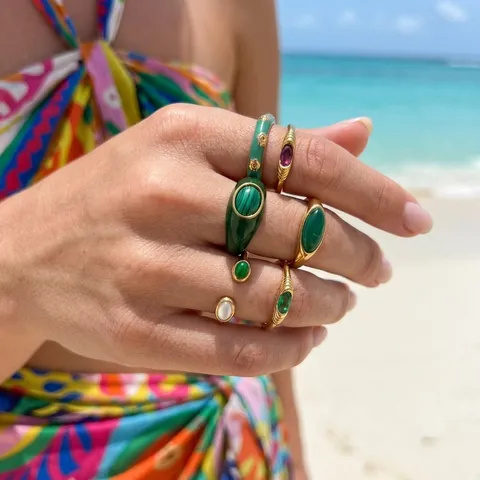 Vintage Edelstahl Malachit Zirkon Ring Für Damen Nische Design Geometrischer Fingerring Modeschmuck