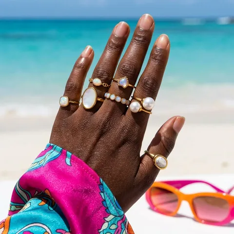 Minimalistischer Edelstahl Naturstein Perlmutt Ring Für Damen Wasserdichter 304 Stahl Geometrischer Ring Modeschmuck