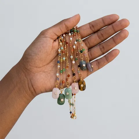 Edelstahl Naturstein Kies Perlen Anhänger Halskette mit Strass rechteckigen Rohstein Damen Modeschmuck