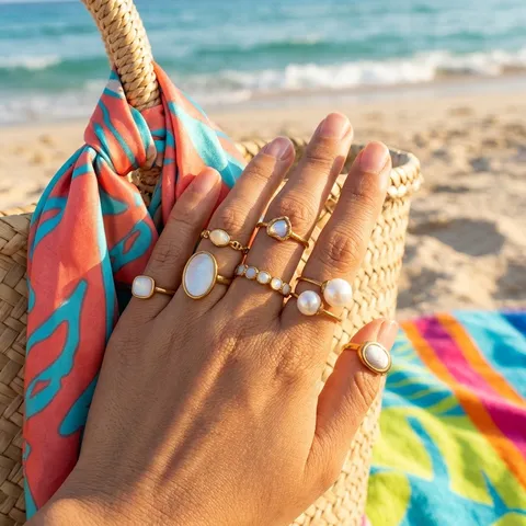 Minimalistischer Edelstahl Naturstein Perlmutt Ring Für Damen Wasserdichter 304 Stahl Geometrischer Ring Modeschmuck