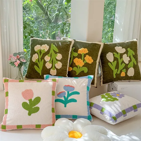 Cartoon Retro Green Plant Tulip Cloud Plush Towel Embroidery Little Wildflower Throw Pillow Cushion Sofa Cover