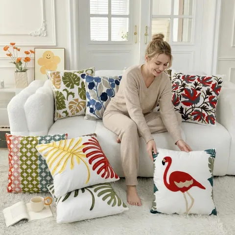 Style Nordique Toile Housse de Coussin de Canapé Brodée Botanique Floral Housse de Coussin Décorative Salon Décoration