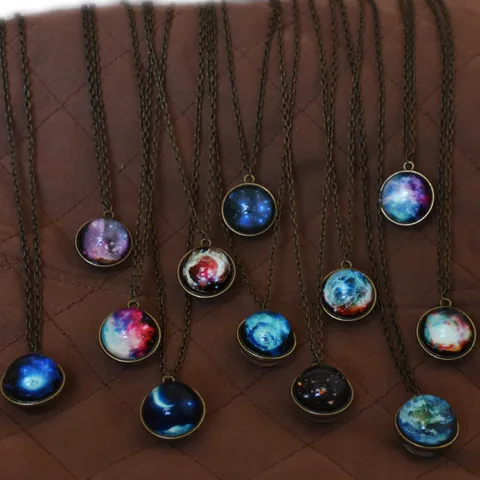 Vintage Luminous Cosmic Starry Sky Glass Ball Sweater Chain Alloy Glow in the Dark Universe Pendant Necklace For Women Men Jewelry
