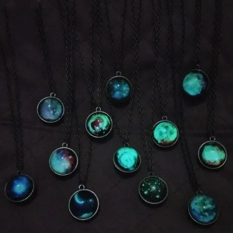 Vintage Luminous Cosmic Starry Sky Glass Ball Sweater Chain Alloy Glow in the Dark Universe Pendant Necklace For Women Men Jewelry