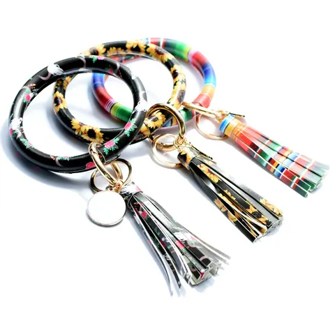 PU Leather Tassel Keychain Bracelet Wristlet Bangle Cute Pattern Ring Key Ring Fashion Accessories For Women