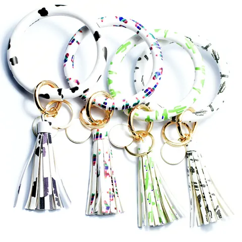 Portachiavi Bracciale in Pelle PU alla Moda con Anello da Polso e Nappa Ciondolo Stampa Carina Portachiavi per Donne