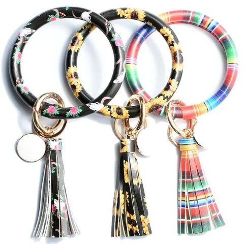 PU Leather Tassel Keychain Bracelet Wristlet Bangle Cute Pattern Ring Key Ring Fashion Accessories For Women