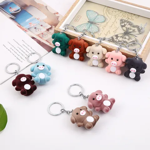 Cute Flocked Pig Keychain Animal Bag Pendant Resin Zodiac Key Ring Car Key Holder Cartoon Fashion Accessories