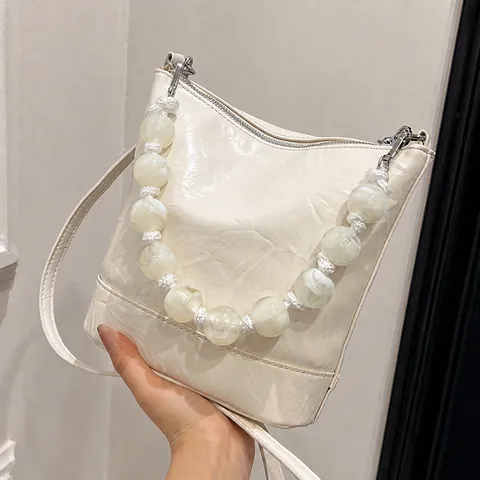 Women's Fashion Handmade Beaded Bucket Bag PU Leather Casual Crossbody Shoulder Bag Trendy Handbag Purse Daily