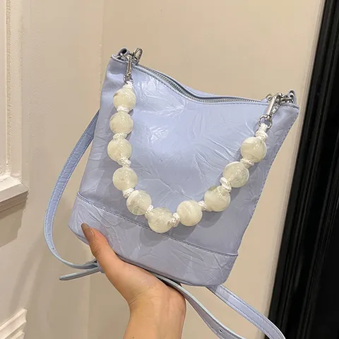 Women's Fashion Handmade Beaded Bucket Bag PU Leather Casual Crossbody Shoulder Bag Trendy Handbag Purse Daily