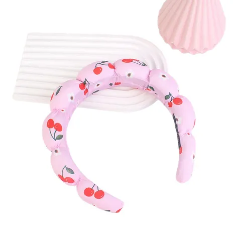 Women Cute Cherry Strawberry Print Puffed Cloud Headband Sweet High Crown Hair Band Fashion Hair Accessories For Daily Makeup