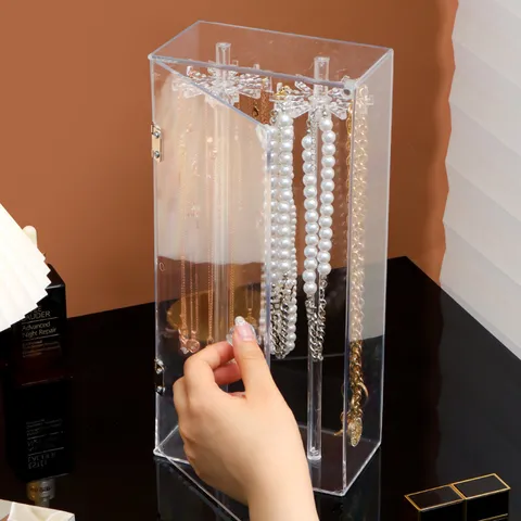Soporte de Exhibición de Collar de Acrílico Transparente Caja Organizadora de Joyas a Prueba de Polvo con Puerta para Almacenamiento de Escritorio