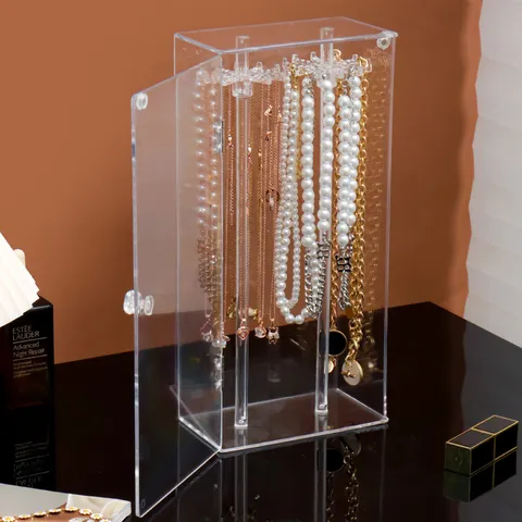 Soporte de Exhibición de Collar de Acrílico Transparente Caja Organizadora de Joyas a Prueba de Polvo con Puerta para Almacenamiento de Escritorio