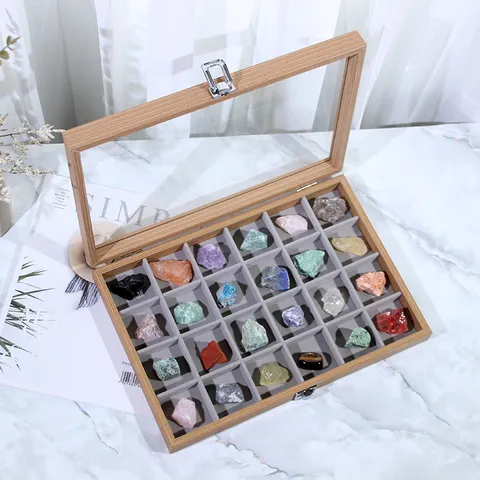 Caja de Almacenamiento de Especímenes Minerales de Madera Con Tapa Transparente 24 Rejillas Organizador de Cristales