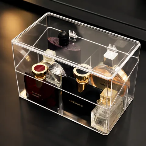 Caja de Almacenamiento de Perfume Transparente Organizador de Cosméticos Acrílico Con Tapa A Prueba de Polvo Soporte de Exhibición de Maquillage Claro Estuche de Escritorio