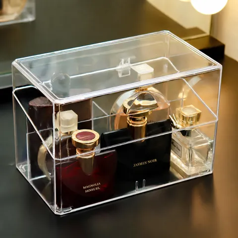 Caja de Almacenamiento de Perfume Transparente Organizador de Cosméticos Acrílico Con Tapa A Prueba de Polvo Soporte de Exhibición de Maquillage Claro Estuche de Escritorio