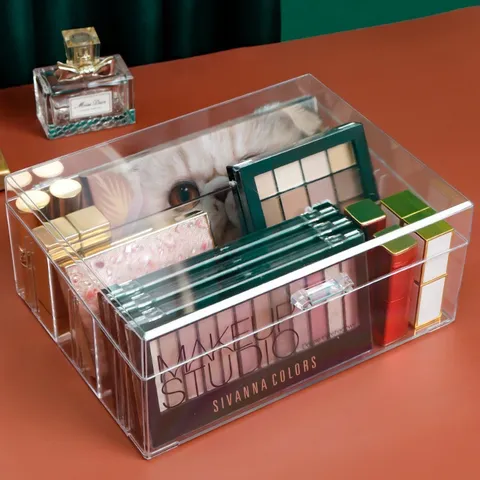 Organizador de Maquillaje de Acrílico Transparente Con Tapa Caja de Almacenamiento Cosmética de 6 Rejillas Contenedor A Prueba de Polvo de Escritorio Para Dormitorio Baño