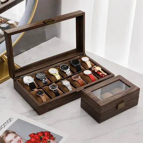 PU Leather Watch Box Storage Organizer With Clear Glass Lid Vintage Wooden Grain Watch Display Case For Men Women