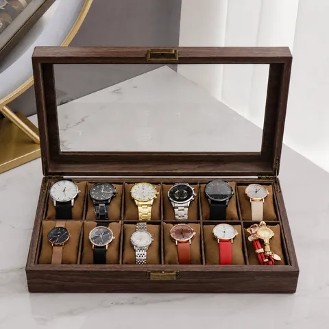 PU Leather Watch Box Storage Organizer With Clear Glass Lid Vintage Wooden Grain Watch Display Case For Men Women