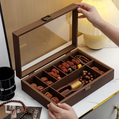 Caja de Almacenamiento de Grano de Madera de Nogal Con Tapa de Vidrio Transparente Organizador Multicompartimento Para Joyas Cuentas Pulsera