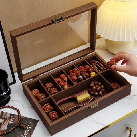 Caja de Almacenamiento de Grano de Madera de Nogal Con Tapa de Vidrio Transparente Organizador Multicompartimento Para Joyas Cuentas Pulsera